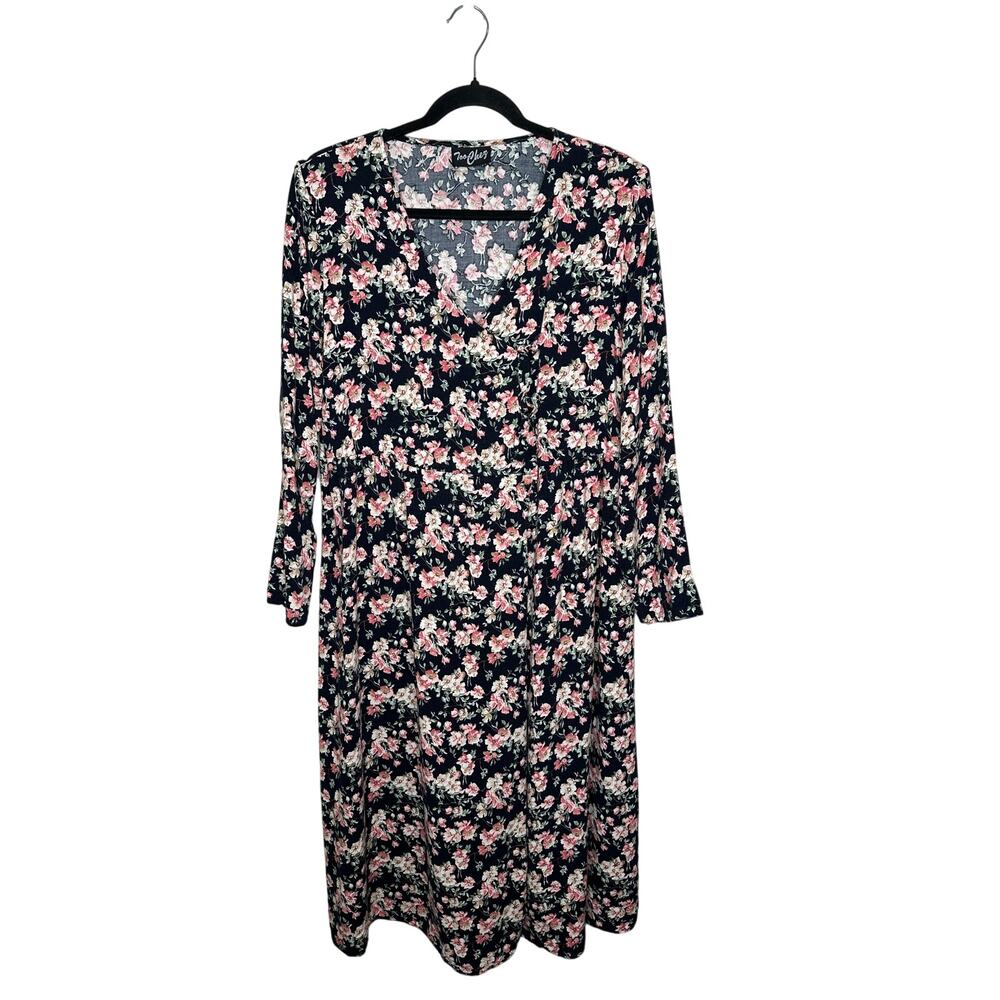 Vintage 90s Too Chez Black Floral Midi Dress Womens 16W V-Neck Chest Ties Rayon